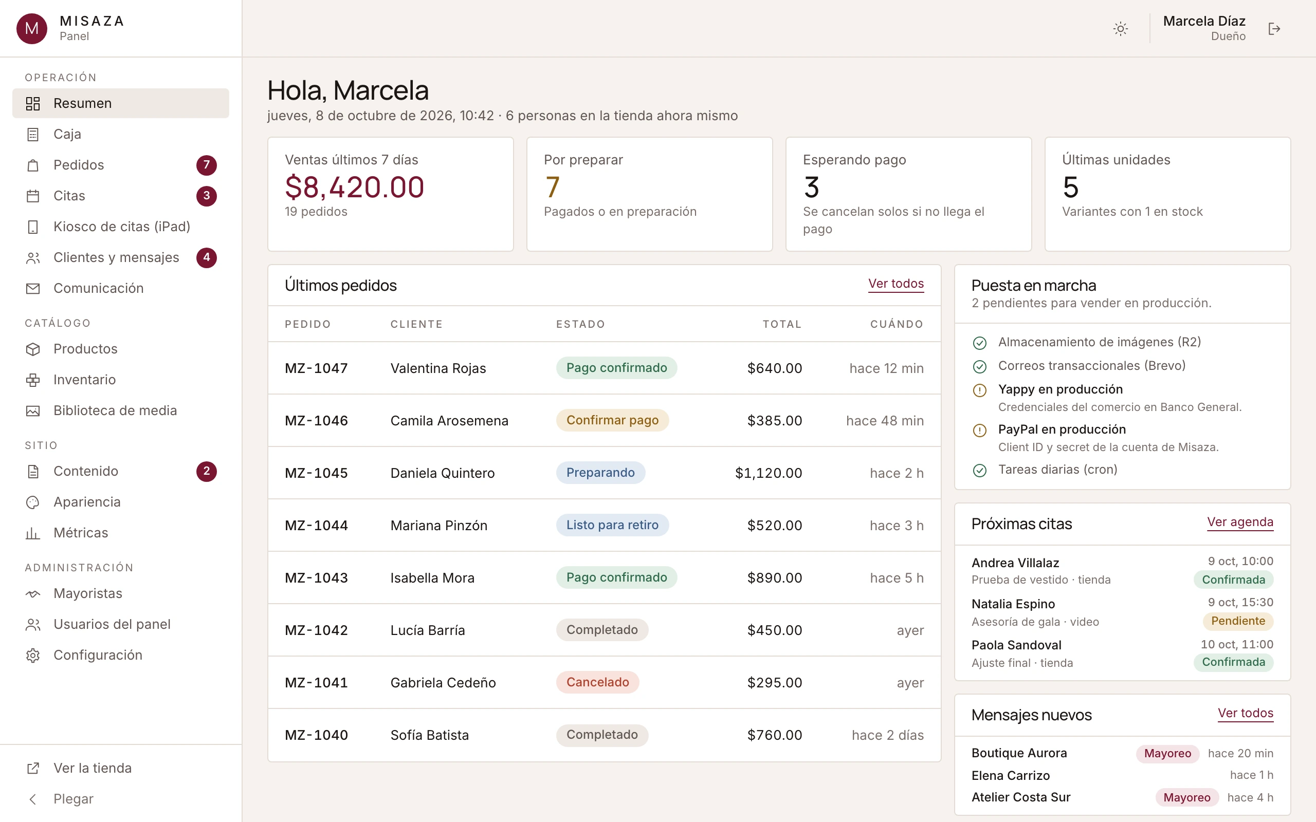 Misaza Designs · tablero con datos de muestra